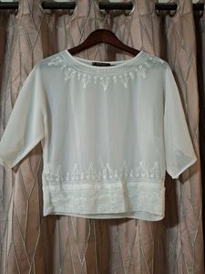 Mango Elegant Embroidered White Top