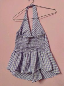 purple Gingham Halter Neck Peplum Top