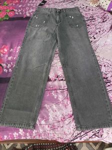 Grey Distressed Wide Leg Jeans