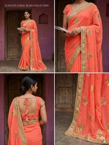Beautiful Orange Embroidered Saree &amp; ready blouse