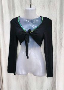 22139. Sequin Trim Tie-Front Bolero