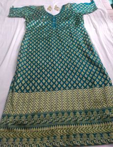 Handstitched Green Ethnic Kurta with Gold Print✨️