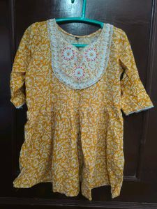 Yellow Printed Kurta with Neck Embellishment