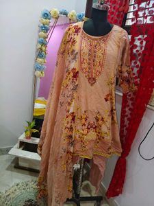 Peach Floral Kurta Set with Dupatta