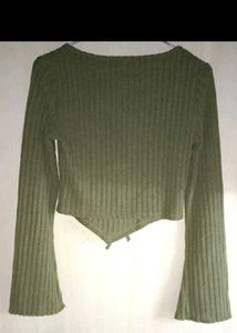Ribbed Tie-Front Long Sleeve Top