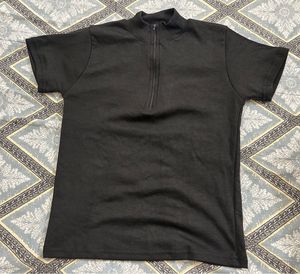 Black Zip Neck Short Sleeve Top