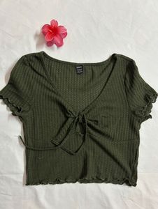 Olive Green Tie-Front Ribbed Crop Top