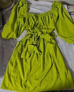 Lime Green Square Neck Puff Sleeve Dress