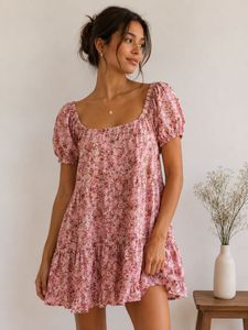 Pink Floral Tiered Mini Dress