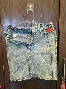Acid Wash Lace-Up Denim Mini Skirt