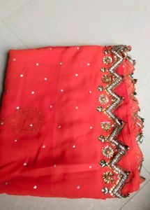 Coral -Red Embroidered Saree with Heavy Designer B