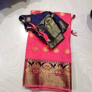 Pink Saree with Navy Blue Blouse