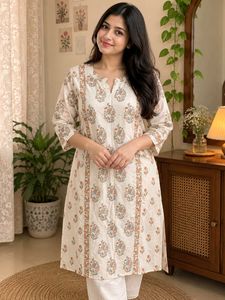 Elegant Floral Print Cotton Kurta