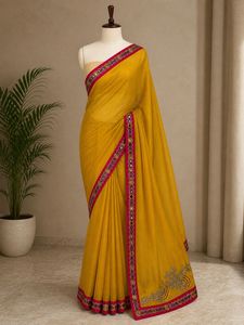 Yellow Saree with Mirror Work Border
