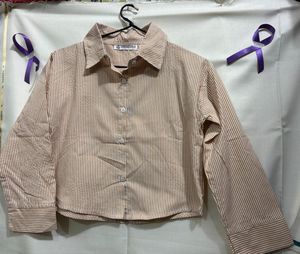 Women Brown Striped Collar Crop Shirt Top
