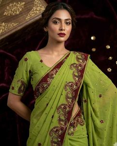 Lime Green Embroidered Saree