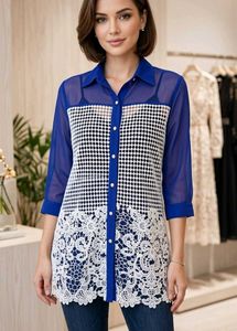 Chic Blue Sheer Tunic Top with Lace Detail
