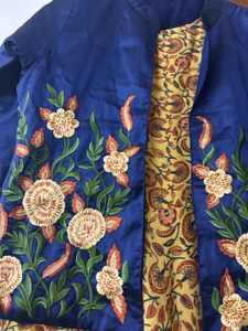 Embroidered Blue Jacket with Yellow Kurta