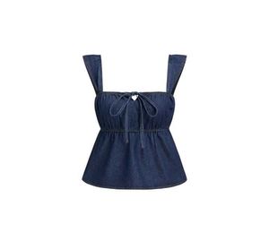 Square Neck Bowknot Shirred Demin Crop Tank Top