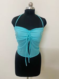 Blue Embellished Halter Top