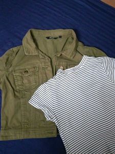 Stylish Green Denim Jacket & Striped Top