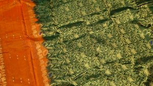 Vibrant Orange &amp; Green Saree with Gold Border