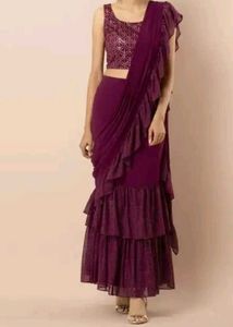 Ruffled ready to wear purple Saree
