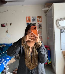 Black Kurta with Embellished Neckline