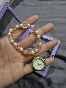 Elegant Pearl &amp; Pink Beaded Watch Bracelet