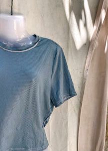 Blue Ribbed Cropped Tee