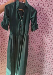 Elegant Dark Green Button-Down Midi Dress