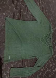 Green Crisscross Neck Ribbed Long Sleeve Top