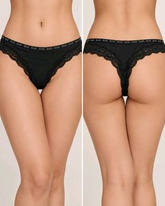 ELLE Women's Black Lace Thong Brief Panty – Size M