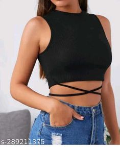 Black Ribbed Crop Top with Tie Detail