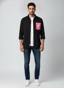 Black Long Sleeve Shirt with Pink Graphic Pocket