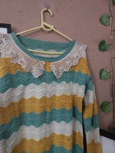 Striped Crochet Sweater with Lace Collar