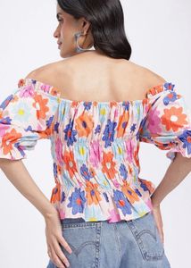 Colorful Floral Off-Shoulder Smocked Top