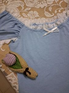Cute Blue Ribbed Crop Top with Lace Trim