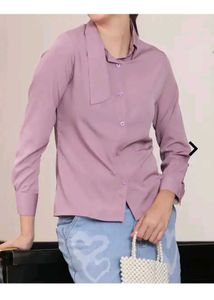 Lilac Button-Up Blouse with Bow Detail