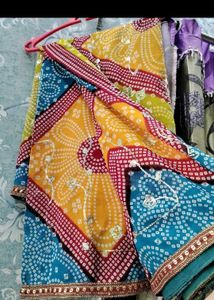 Bandhani Saree - Yellow, Blue, and Red