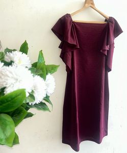 SHECZZAR Maroon Shimmer Ruffle Sleeve Dress