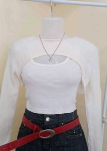 White Ribbed Cut-Out Bolero Top