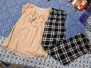 Pink Ruffled Top with Plaid Pants