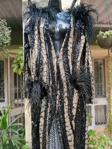 Sequined and Striped Couture Gown with Feather Det
