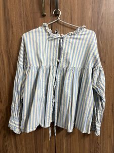 Blue &amp; White Striped Ruffle Neck Top