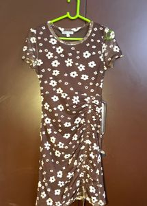 Brown Floral Ruched Mini Dress