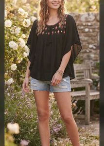 Boho Black Tunic Top with Embroidered Neckline
