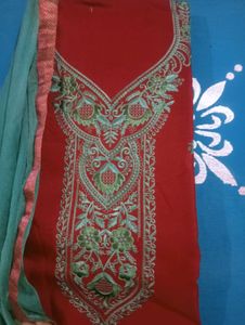 Embroidered Red Kurta n salwar with Dupatta materi