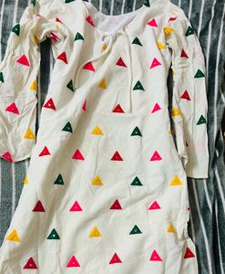 Colorful Embroidered White Cotton Kurta