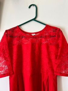 Red Full length Gown With Net Sleeves - Size M